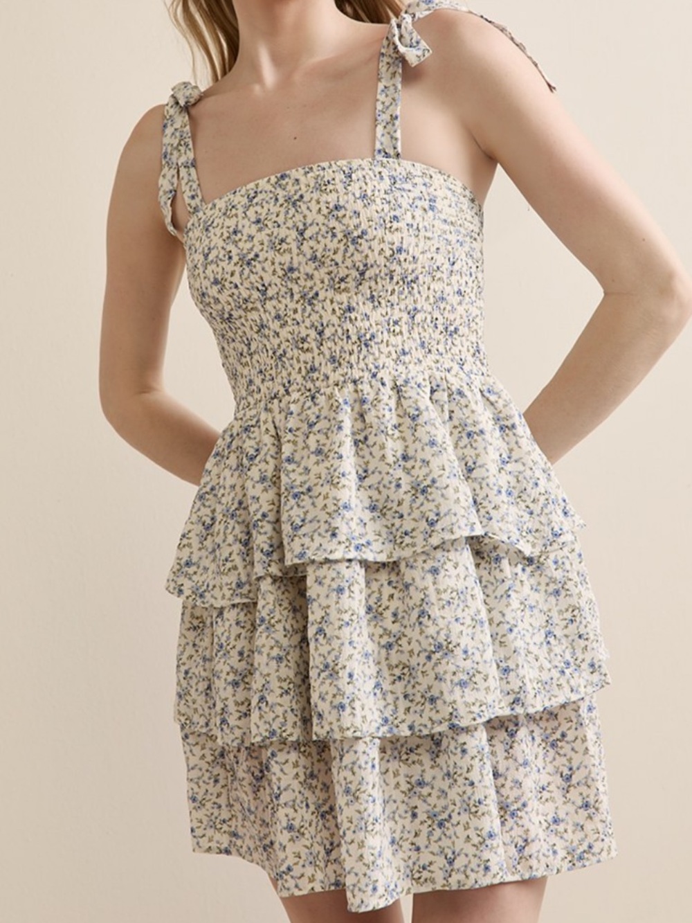 Women's Francesca's Small Smocked Tie-Shoulder Floral Tiered Mini Dress